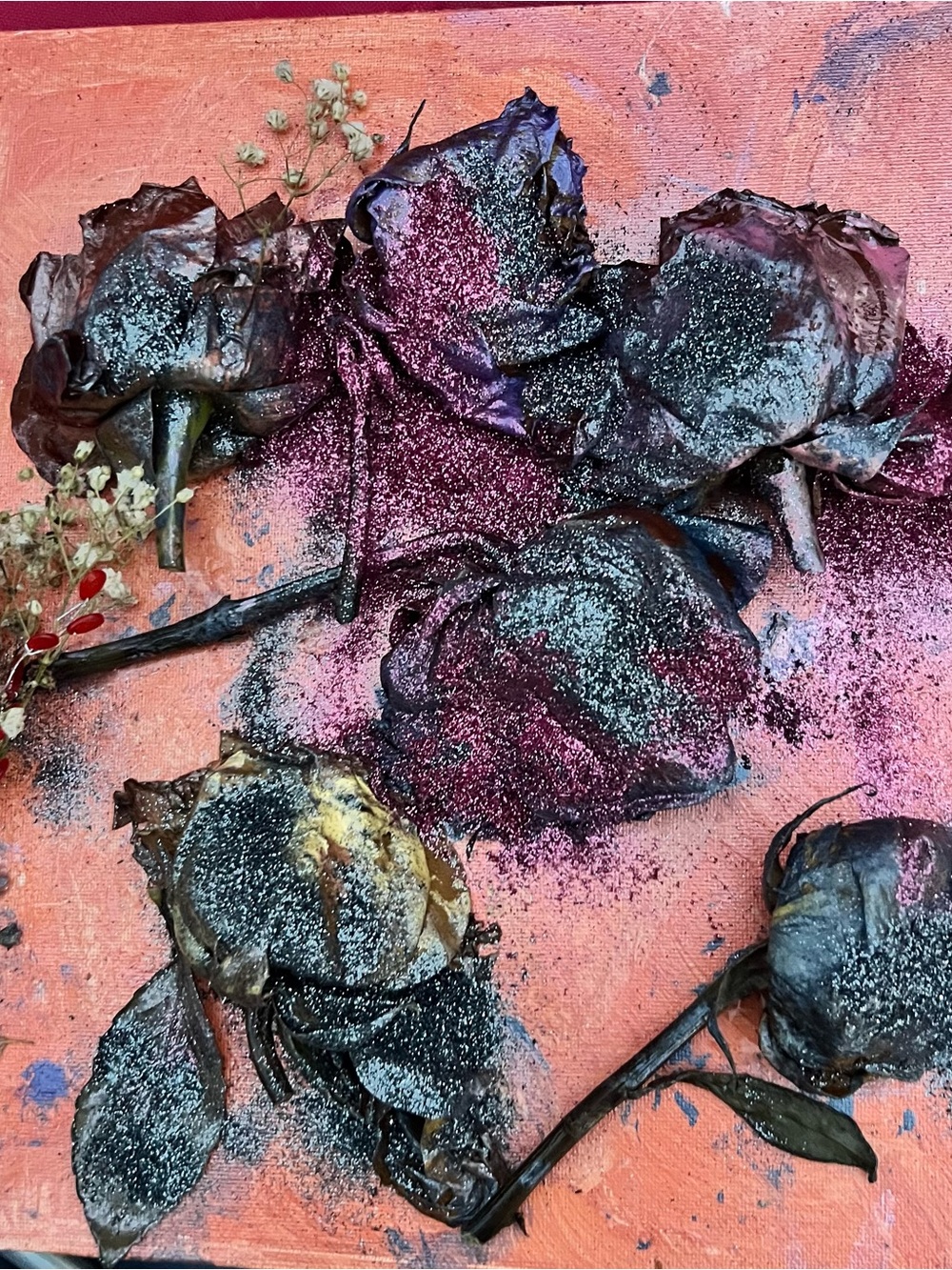 Glittered Dried  Roses Art Piece - Dark Floral Accent